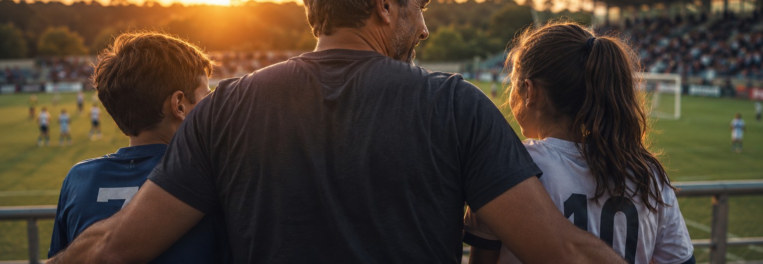 Pai abraçado com o filho e a filha, torcendo à beira do campo ao pôr do sol